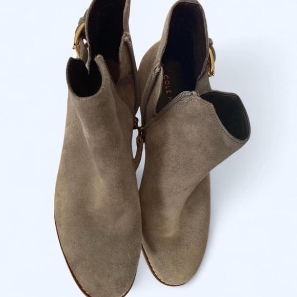 Cole Haan Tan Suede Ankle Booties with Side Zipper and gold buckle 6 - Picture 1 of 6